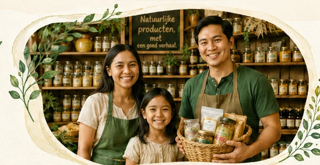 Een familie in een winkel met natuurlijke producten
